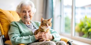 Older adults share a meal while a caregiver reviews a simple daily schedule nearby.